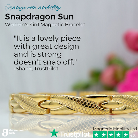 Trustpilot review of Snapdragon Sun Women's 4in1 Magnetic Bracelet: "It is a lovely piece with great design and is strong doesn't snap off." -Shana, TrustPilot