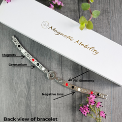 A Sorrel Full Moon 4in1 Magnetic Bracelet from Magnetic Mobility lies against a grey wooden surface showing the back view of the bracelet with the 4 heatlh elements shown.