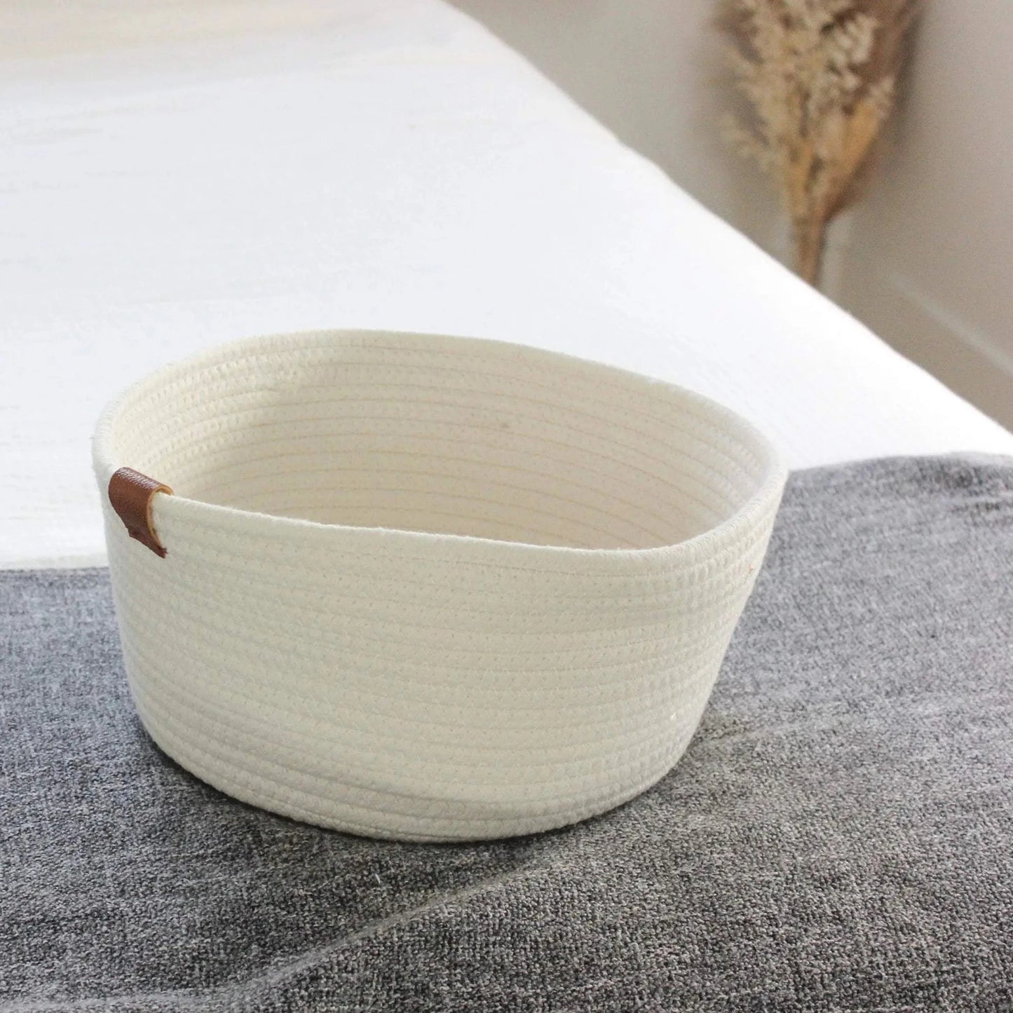 White Woven Cotton Rope Round Basket with Leather Accent | 10"