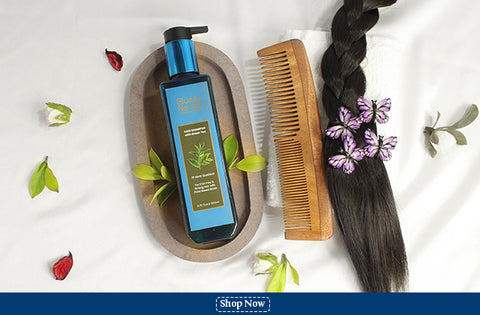 blue nectar hair shampoo with comb with ponytail