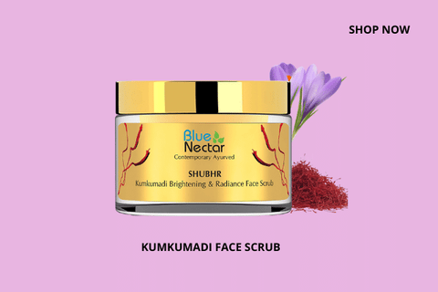 shop now button and a tub of kumkumadi scrub by blue nectar