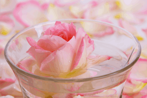 Rose petals are soaked in bowl of water and is on table 