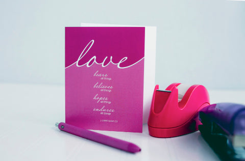 pink Scripture valentine card with 1 Corinthians 13:7