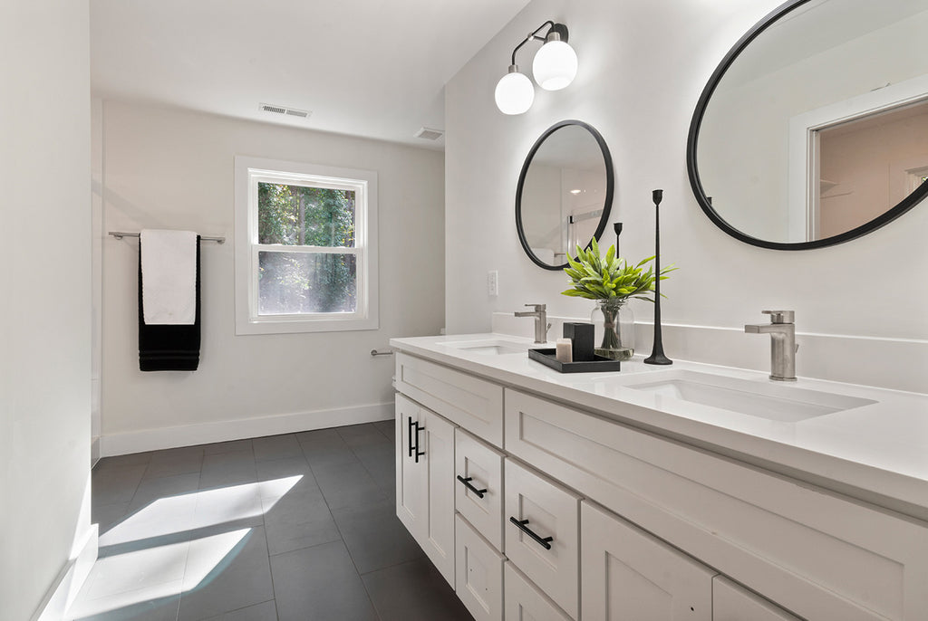 transitional bathroom with shaker style cabinets