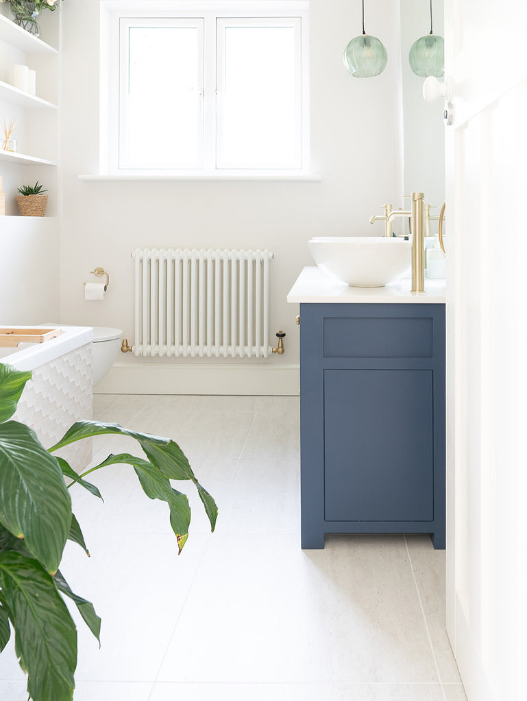blue transitional vanity bathroom with tropical plant