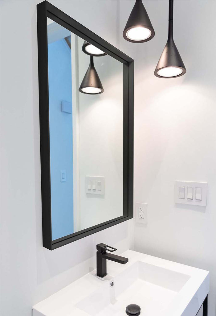 matte black framed bathroom mirror Veneto Bath MR 2837-2FB over Veneto Vanity MC 690M