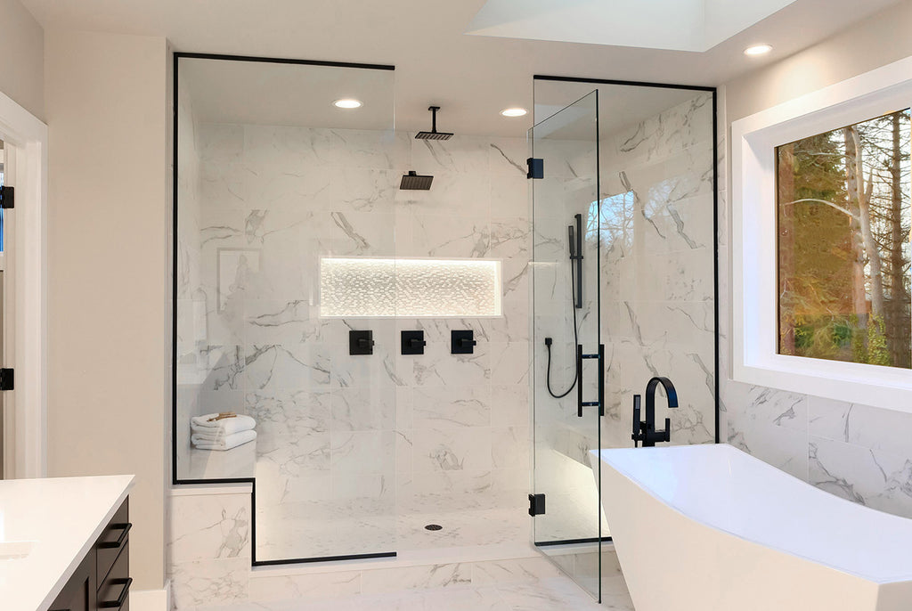 luxury shower room with black shower fixtures