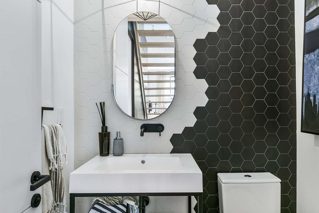 oval mirror over veneto bath vanity mc 1000M with hexagon tile backsplash