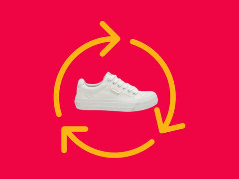 white trainer with recycle symbols overlaid over the top on a pink background