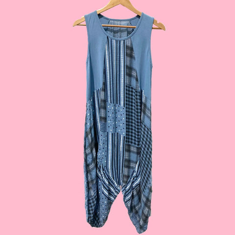 Blue patterned sleeveless lagenlook knee length dress with a hanky style hem (longer at the sides)