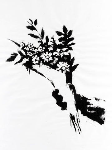 Banksy GDP Flower thrower, image of banksy artwork for sale. Black and white hand holding flowers, front image. Banksy print