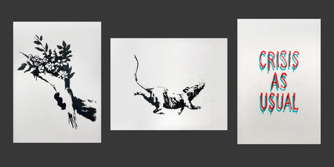 Banksy GDP screenprints. GDP Flower Thrower, GDP Rat, Crisis as Usual