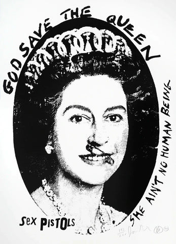 Image of 'God Save The Queen' artwork by artist Jamie Reid. Features a picture of a young Queen Elizabeth II, with a safety pin over her mouth. The image of the queen is within an oval, around the oval is the text 'God Save the Queen, she aint no human being'. Buy Jamie Reid God Save The Queen Sex Pistols Art, jamie reid art print, jamie reid art, jamie reid prints, jamie reid for sale, buy jamie reid art, buy jamie reid prints, sex pistols art, sex pistols memorabilia, sex pistols poster, sex pistols print, punk art, god save the queen print, jamie reid sex pistols prints