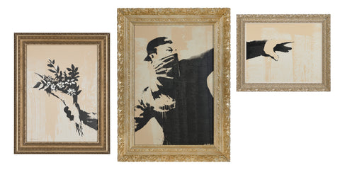 Banksy GDP flower thrower triptych. Photo of banksy GDP flower thrower triptych in gold frame. Stencilled man launching bouquet of flowers instead of brick in protest