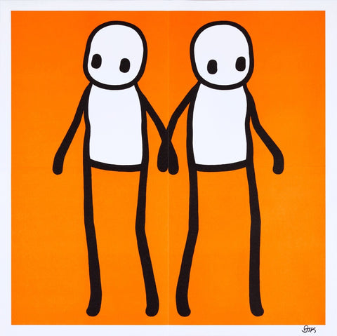 STIK, Signed Hackney Holding Hands Print 2020 | STIK Prints for Sale, Buy STIK art prints, STIK street art prints. Image shows piece of artwork in street art style with two stick figures holding hands, on a orange background