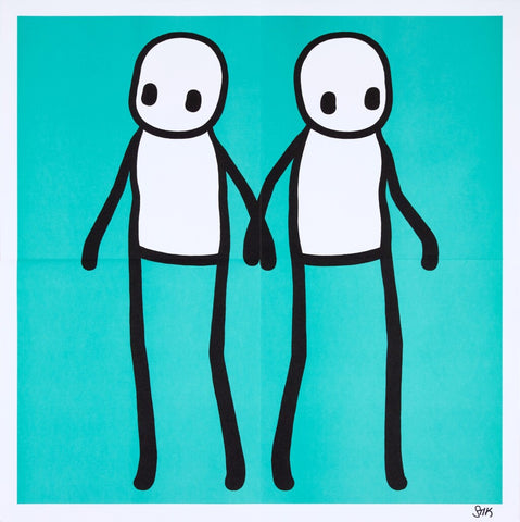 STIK, Signed Hackney Holding Hands Print 2020 | STIK Prints for Sale, Buy STIK art prints, STIK street art prints. Image shows piece of artwork in street art style with two stick figures holding hands, on a teal background