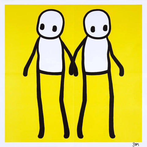 STIK, Signed Hackney Holding Hands Print 2020 | STIK Prints for Sale, Buy STIK art prints, STIK street art prints. Image shows piece of artwork in street art style with two stick figures holding hands, on a yellow background