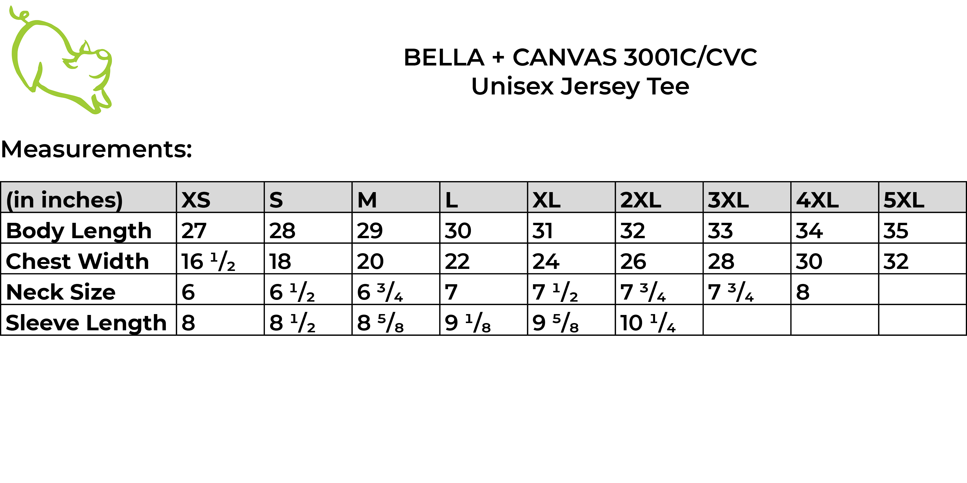 Bella + canvas 3001C/CVC size guide