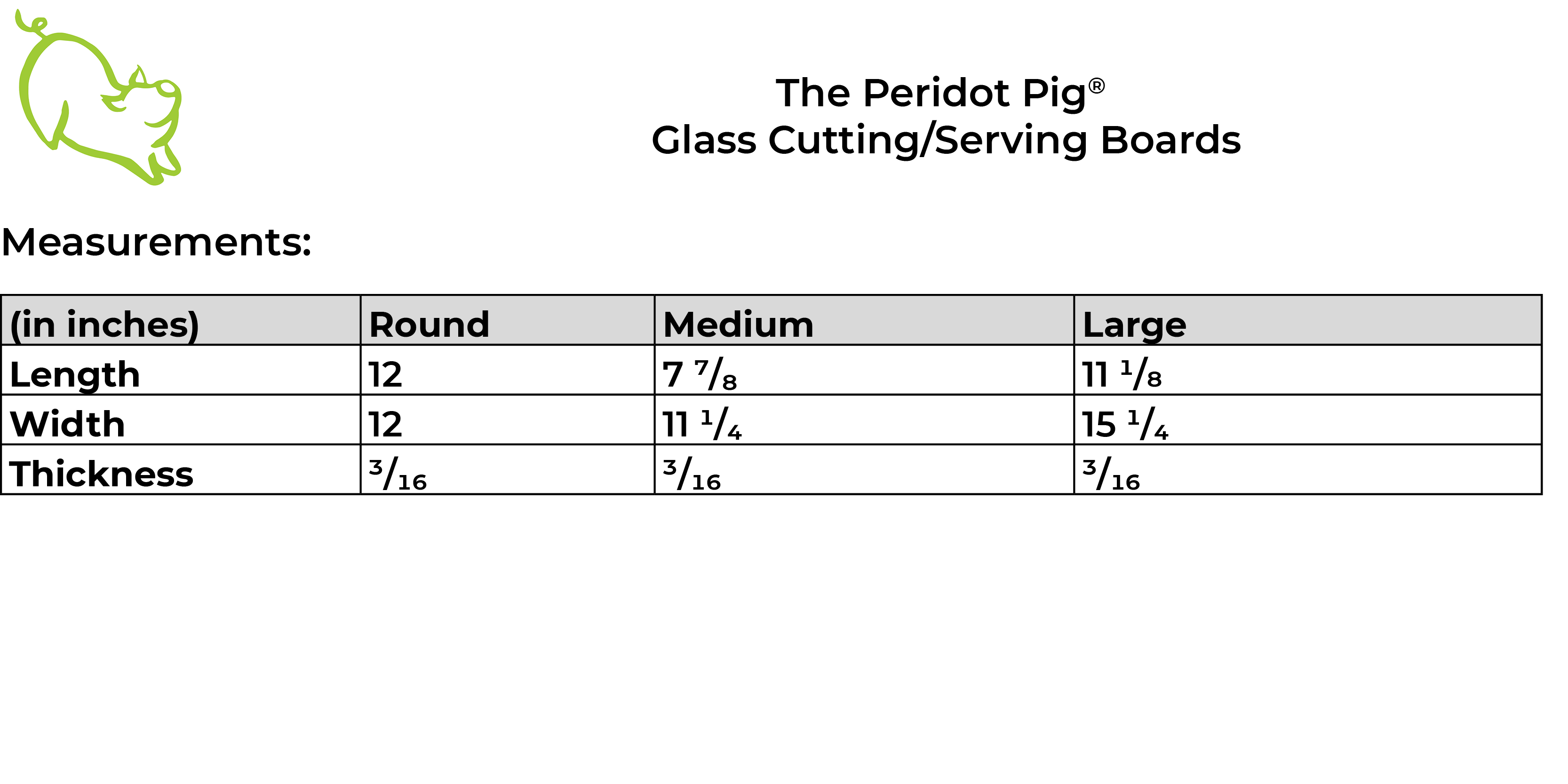 TPP Glass Cutting Board Size Chart