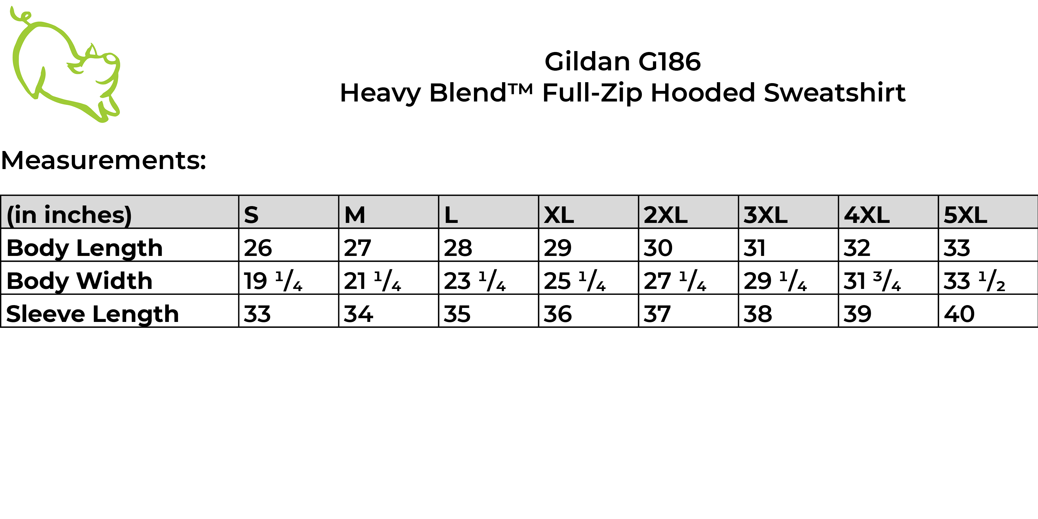 Gildan G186 size guide