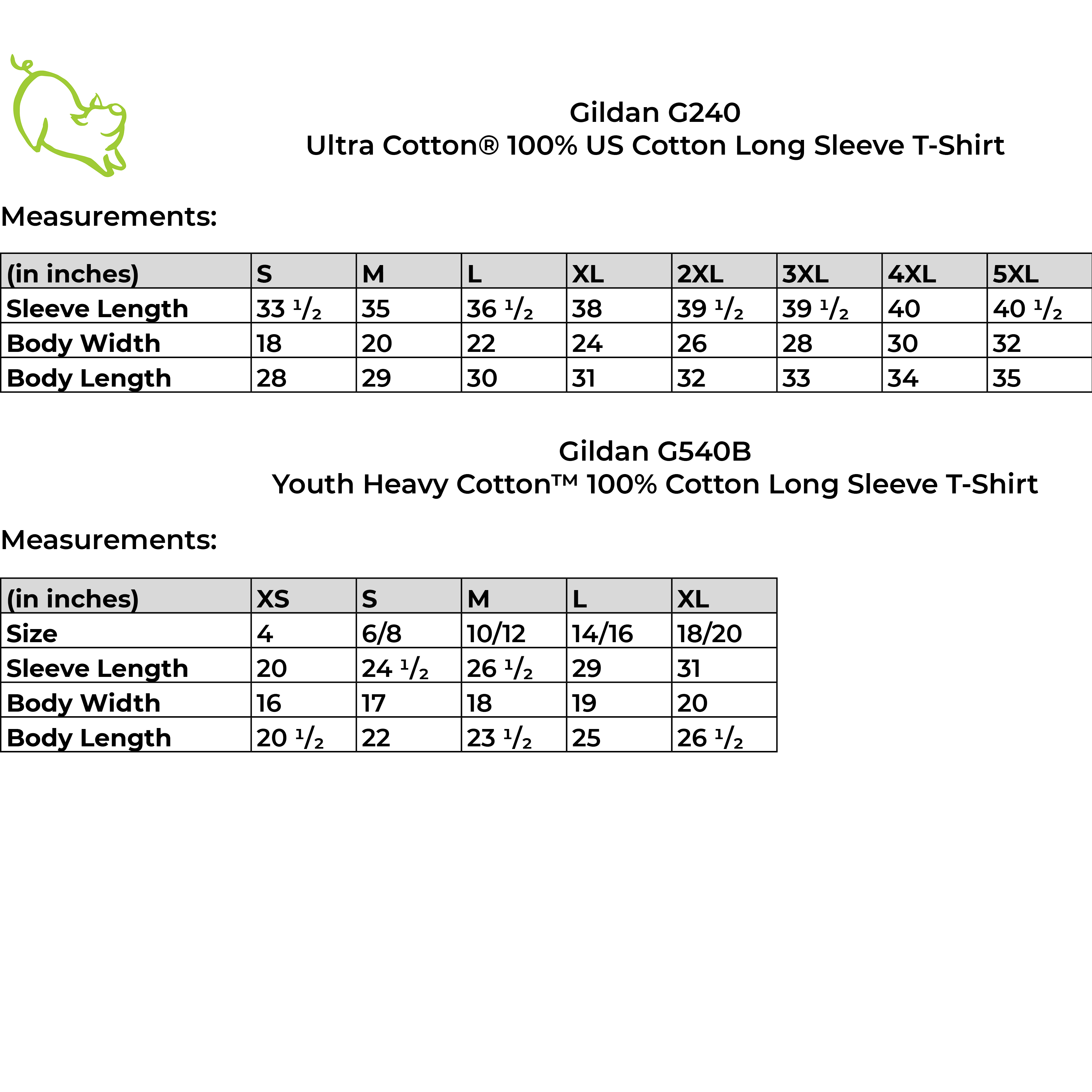 Size guide for G240 and G540B shirts