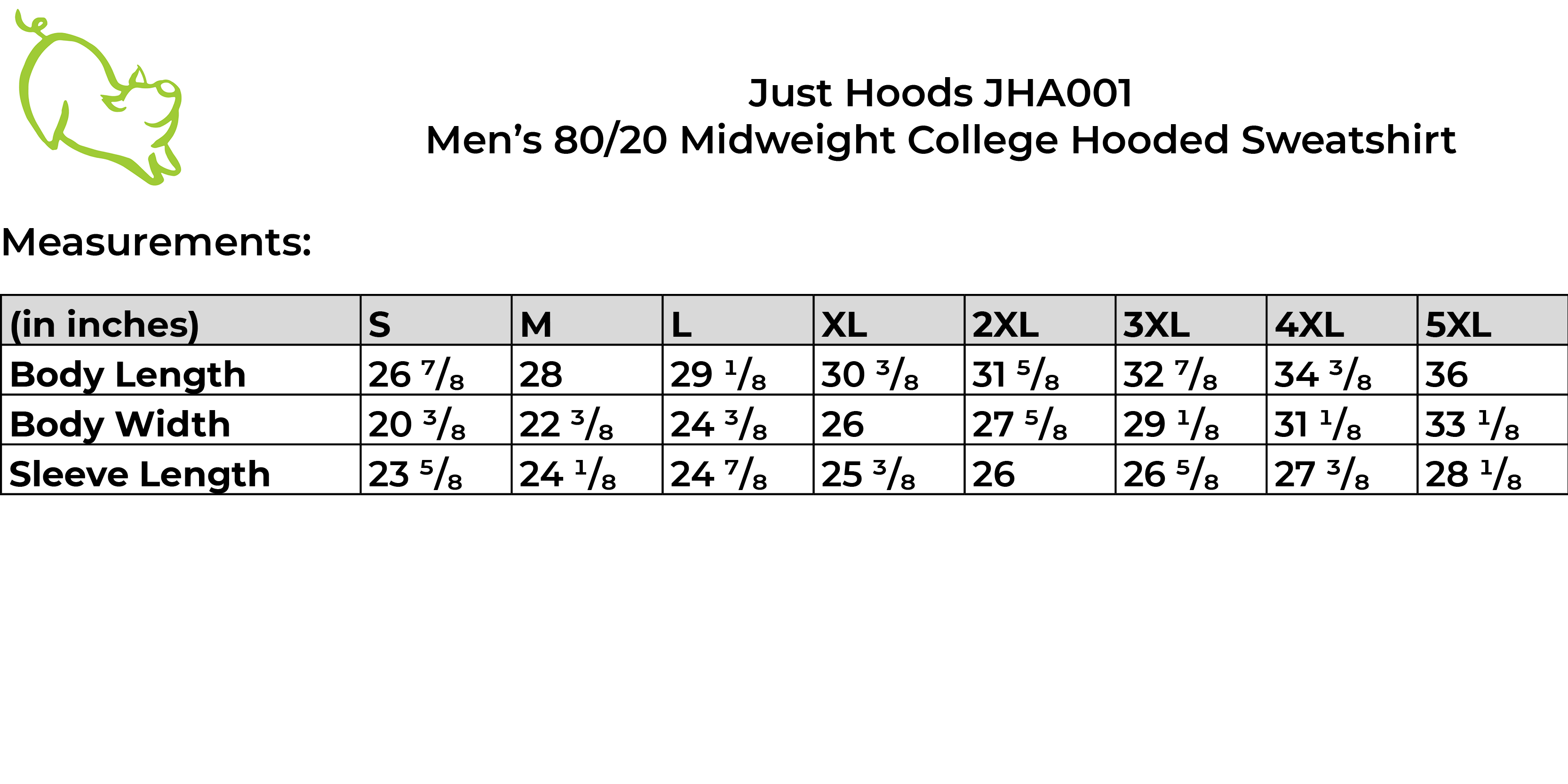 Just Hoods JHA001 80/20 Midweight College Hooded Sweatshirt size guide