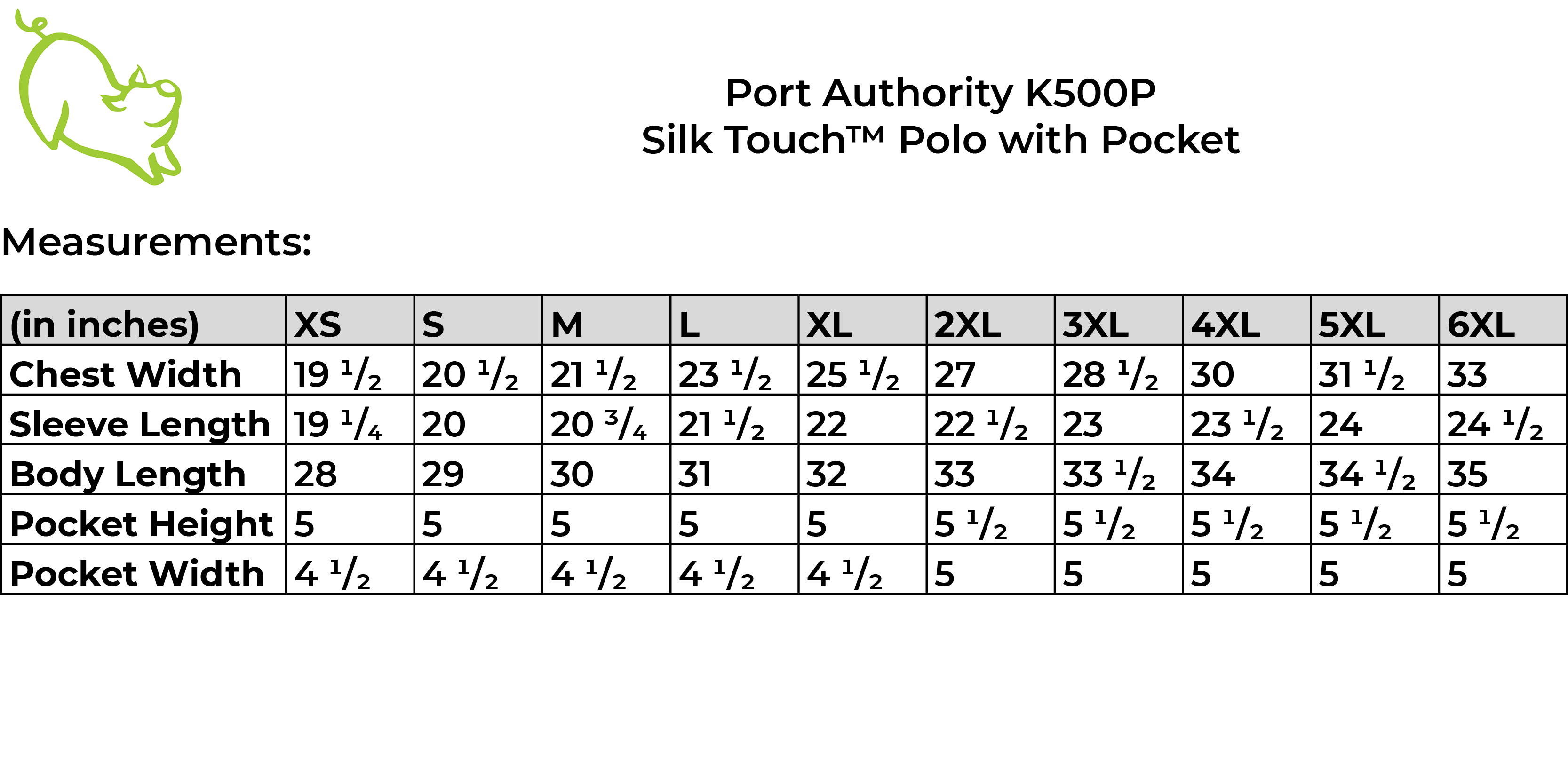 Port Authority K500P size guide