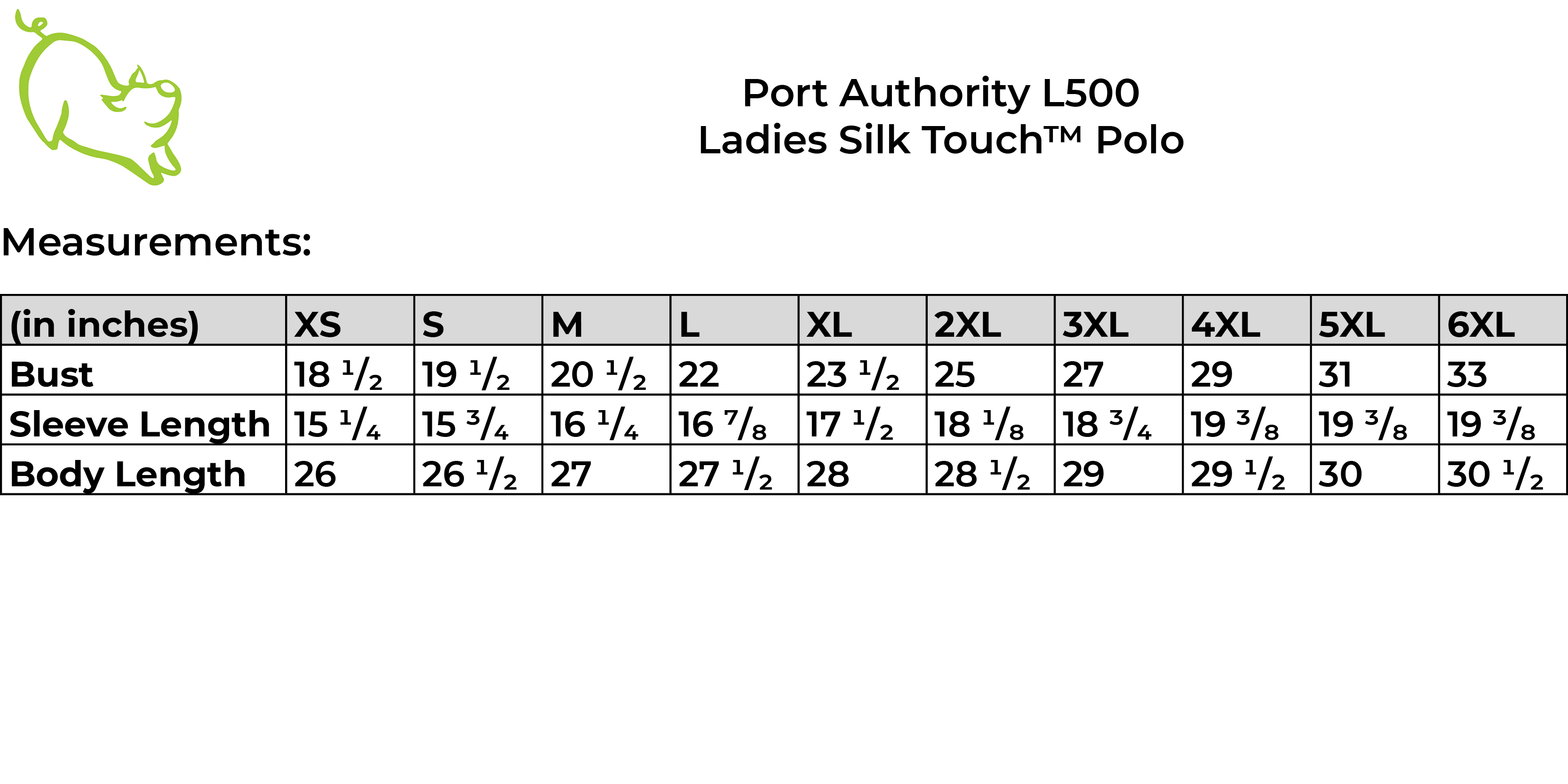 port Authority L500 Size guide