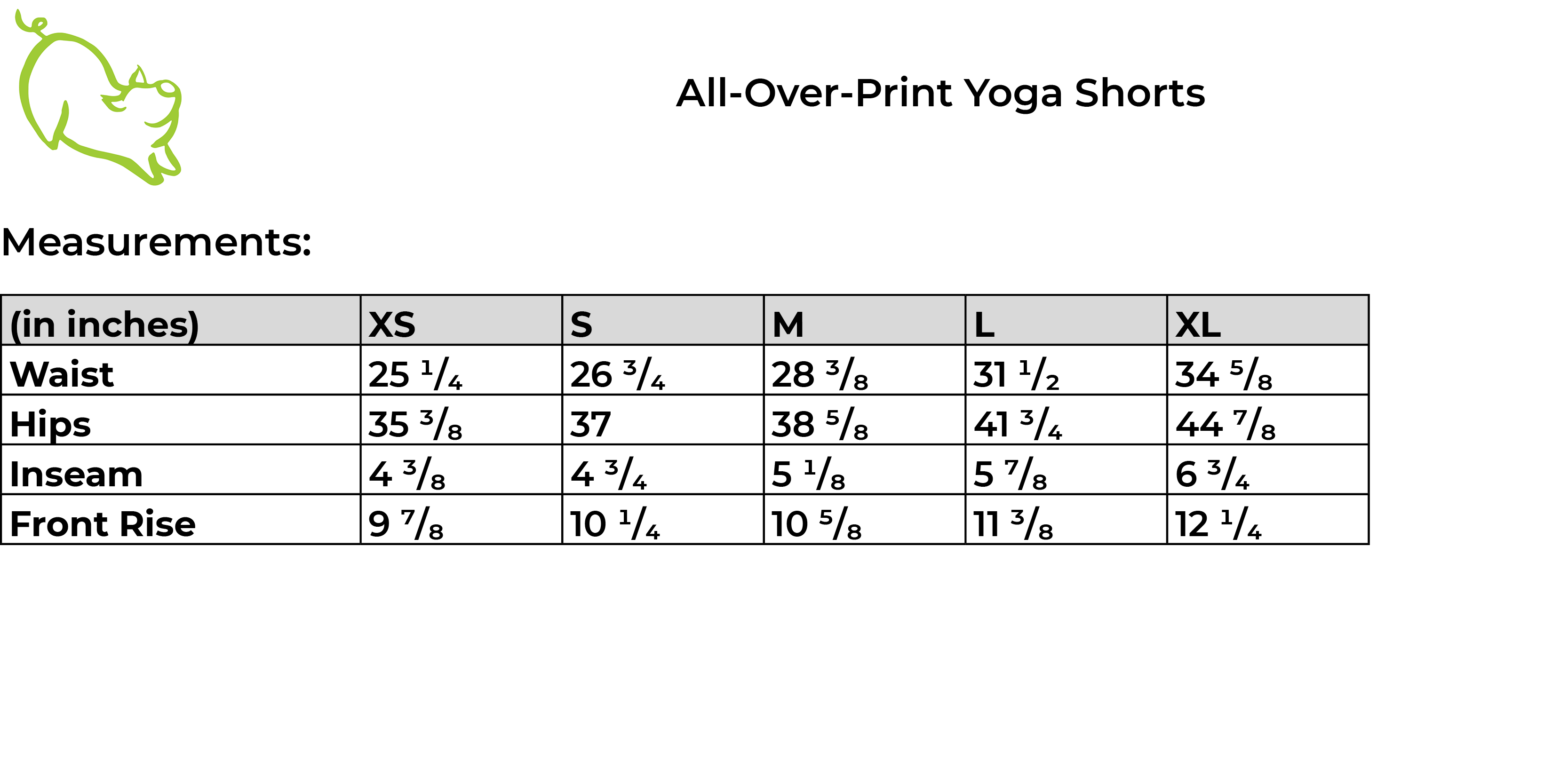 Size guide - Yoga Shorts