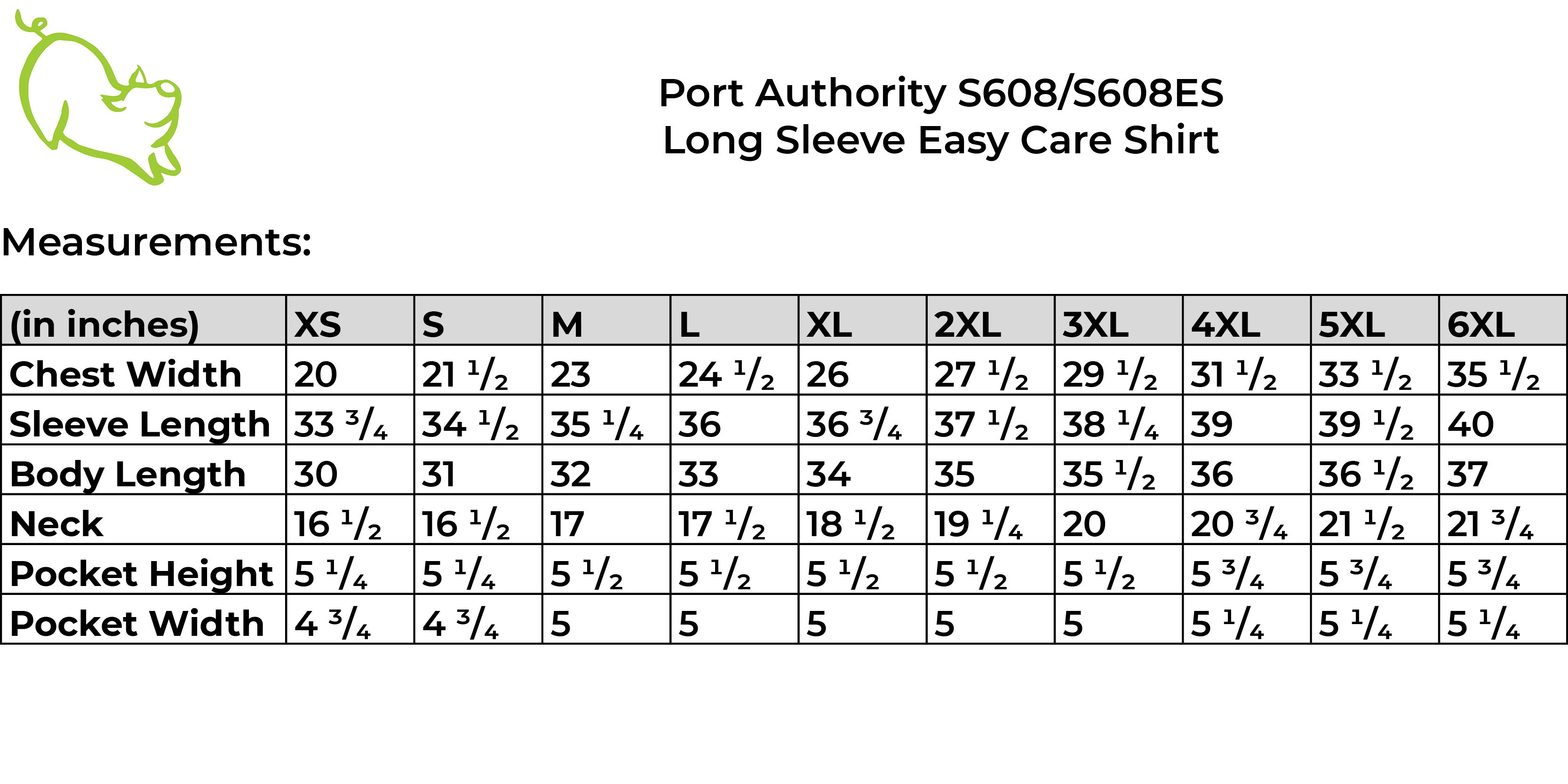 Port Authority S608 size guide