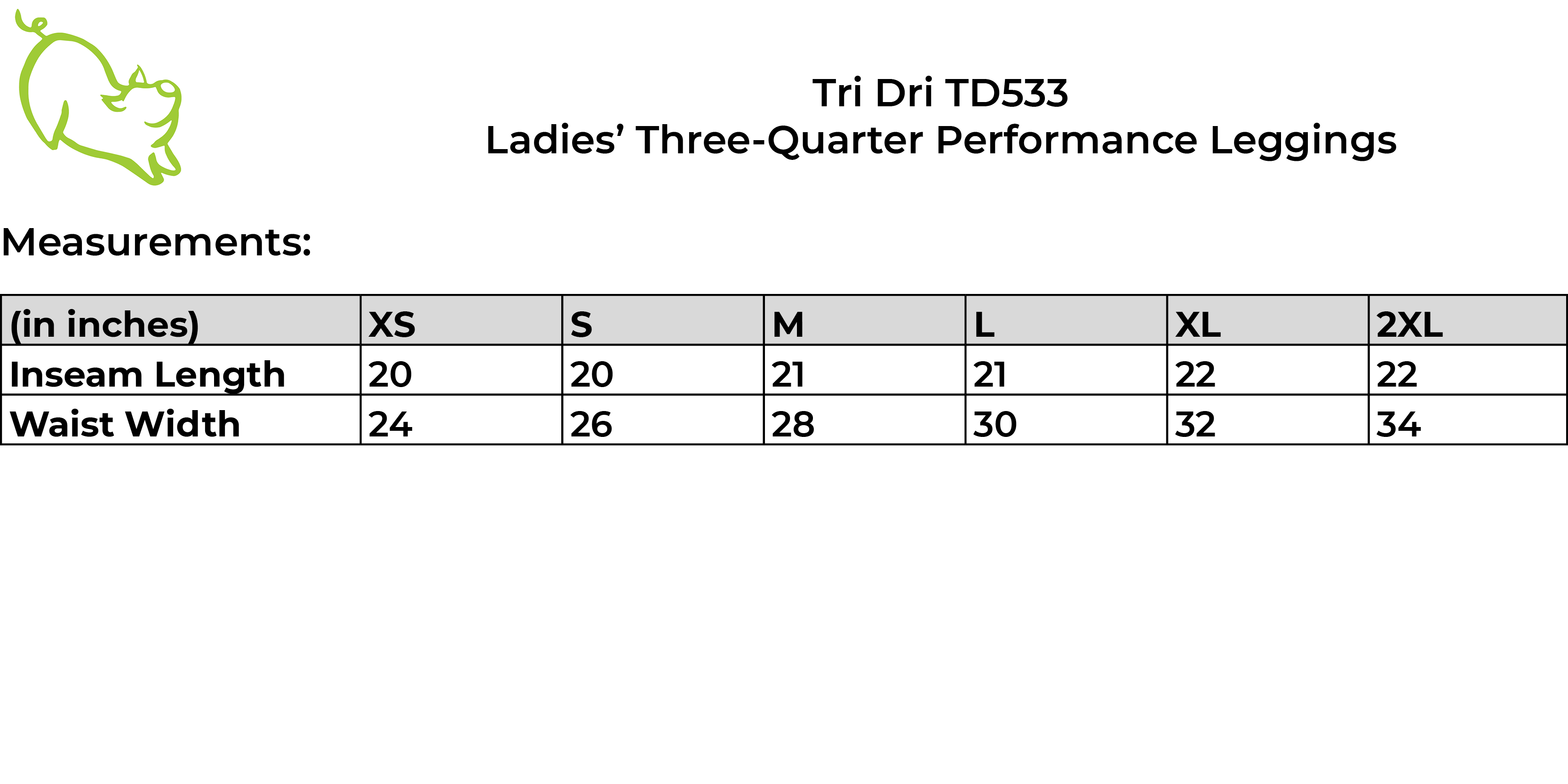 Tri Dri TD533 size guide
