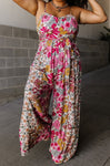 Smocked Sweetheart Belted Tie Waist Waistline Floral Print Jumpsuit