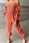 Floral Print Smocked Long Sleeves Embroidered Cotton Loose Fit Jumpsuit With Ruffles