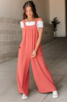 Summer Pocketed Open-Back Square Neck Elasticized Waistline Cotton Jumpsuit