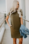 Stretchy Pocketed Short Sleeves Sleeves Round Neck Shirt Midi Dress