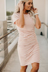 Striped Print Fitted Ruched Stretchy Short Sleeves Sleeves Midi Dress