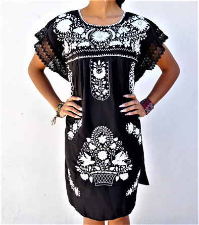 SIDREY Mexican Embroidered Pueblo Dress - Black