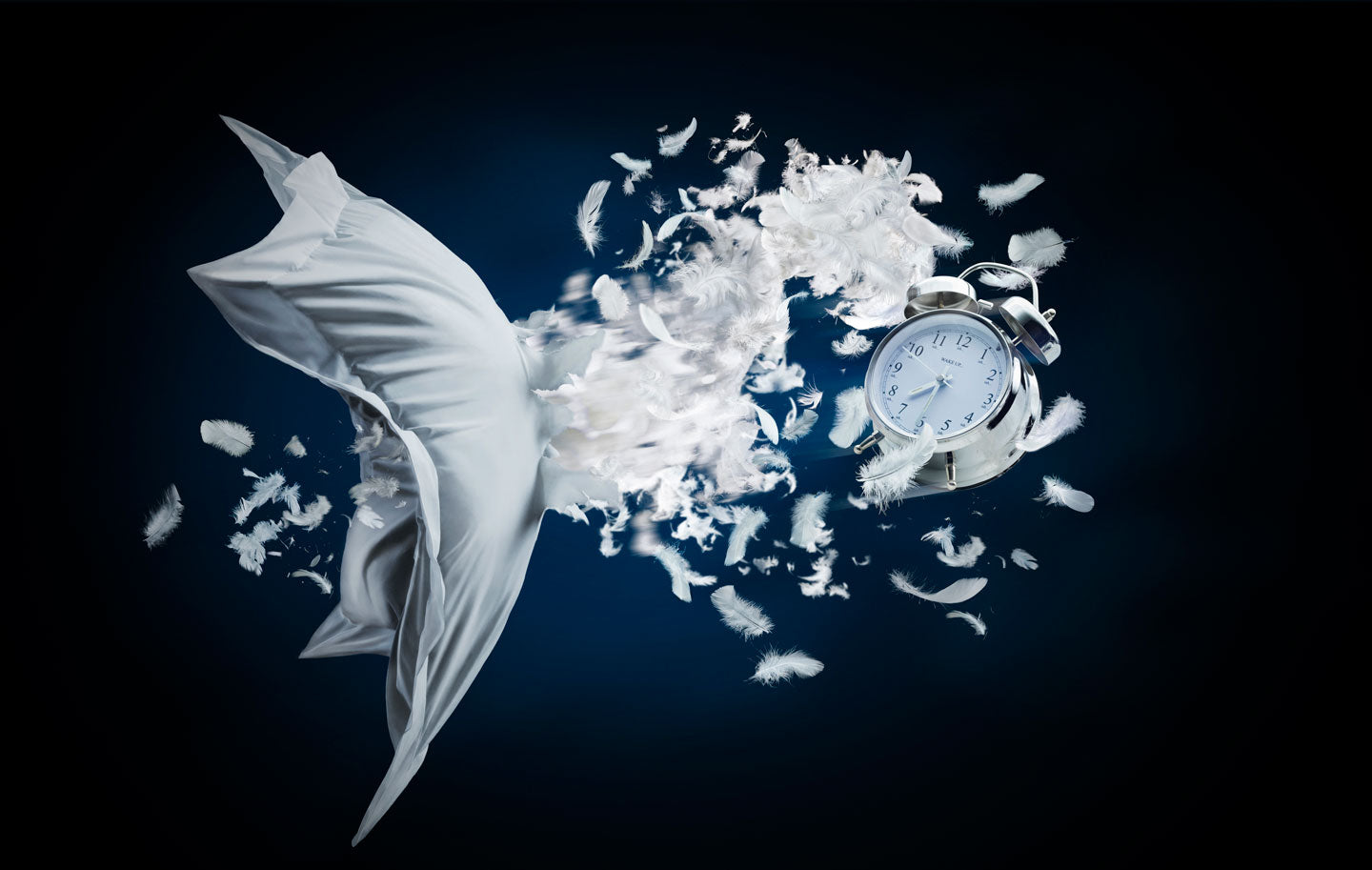 a white pillow with feathers flying out of it and an alarm clock on the right side of the pillow against a dark blue background.