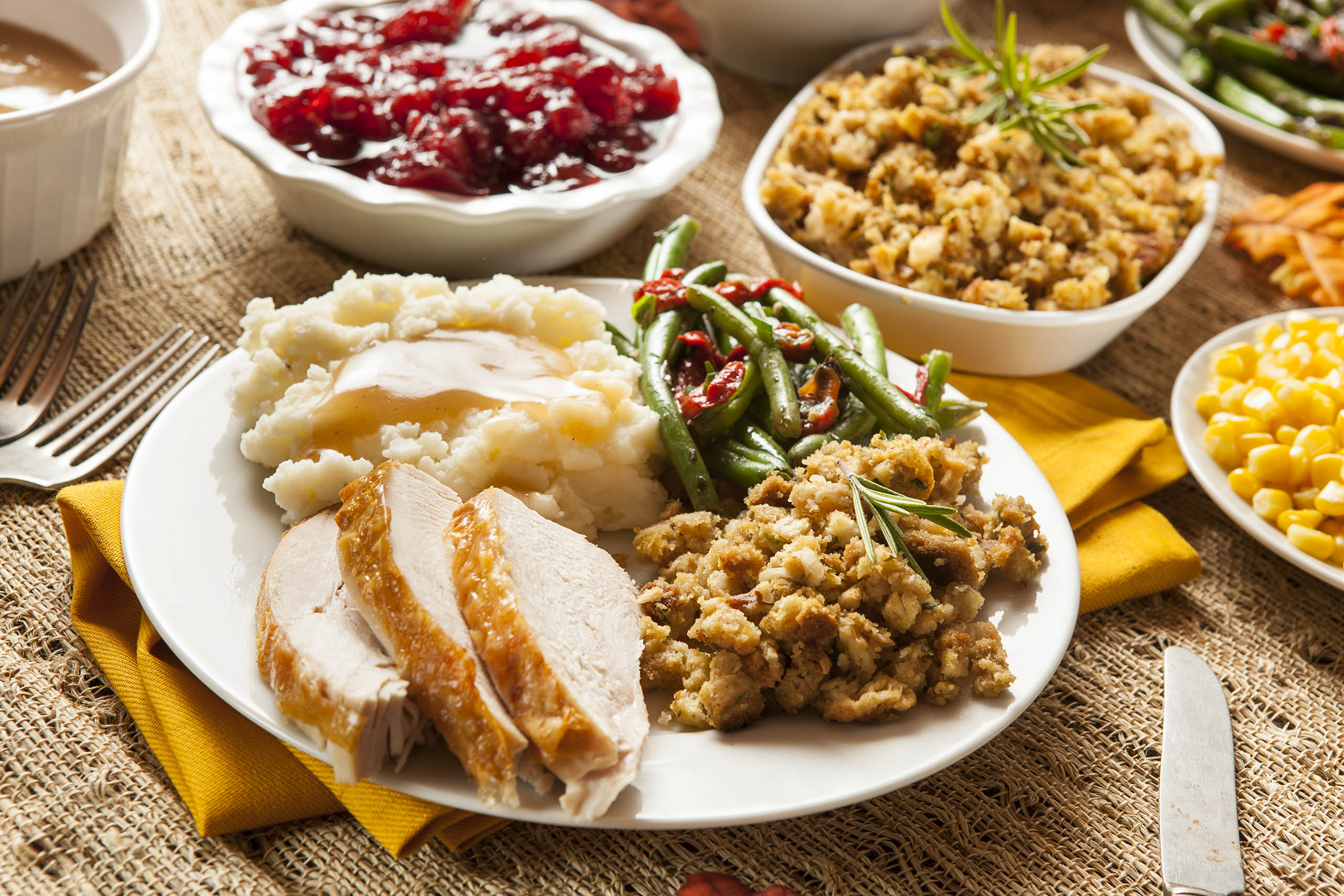 Close-up photo of Thanksgiving dinner with sliced turkey, mashed potatoes, cranberry sauce, stuffing, and vegetables.