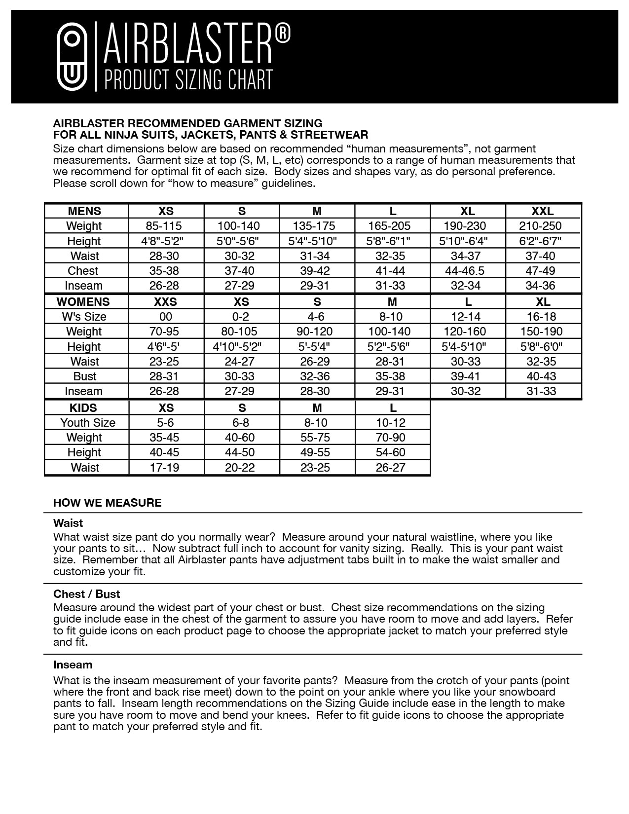 Suit Blazer Size Chart