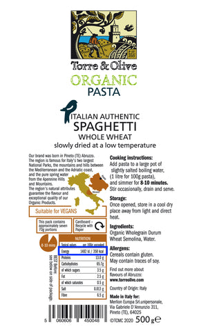 Organic Italian Pasta Spaghetti Whole Wheat Torre & Olive