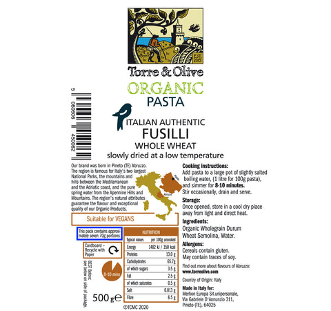 Italian Organic Pasta Fusilli Whole Wheat Torre & Olive