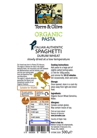 Italian Organic Pasta Spaghetti Durum Wheat Torre & Olive