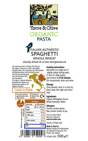 Italian Organic Pasta Spaghetti Whole Wheat Torre & Olive