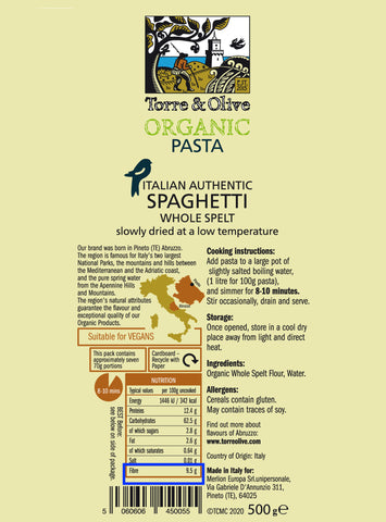 Italian Organic Pasta Spaghetti Whole Spelt Torre & Olive