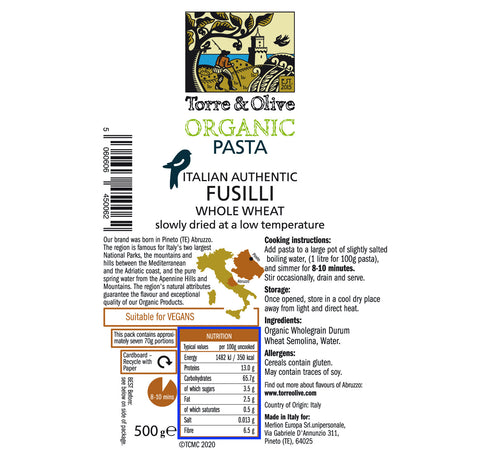 Pasta, Fusilli, Torre & Olive, Organic, Italian, Nutritional