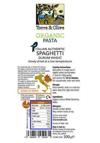Pasta, Spaghetti, Torre & Olive, Organic, Italian, Nutritional