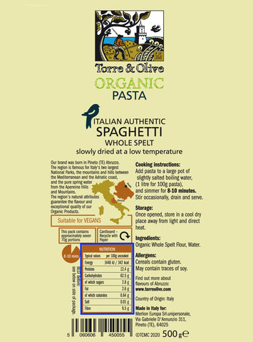 Pasta, Spaghetti, SPELT, Torre & Olive, Organic, Italian, Nutritional