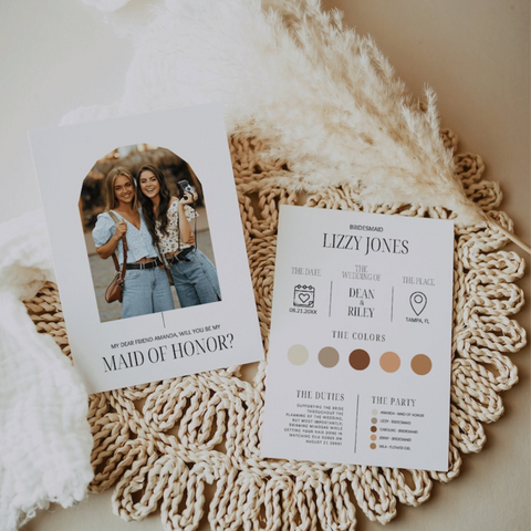 A bridesmaid info card displayed on a boho placemat
