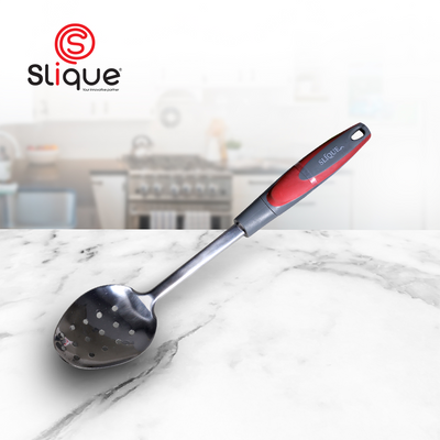 SLIQUE Premium 18/8 Stainless Steel Slotted Spoon TPR Silicone Handle Kitchen Essentials Amazing Gift Idea For Any Occasion! (Red)